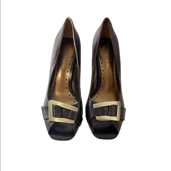 Maripe Brown & Gold Open Toe High Heels Size 8M - Picture 1 of 6